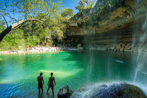 Travis County, Texas USA - April 4, 2016: The natural Hamilton Pool is a popular tourist destination in rural Travis County.