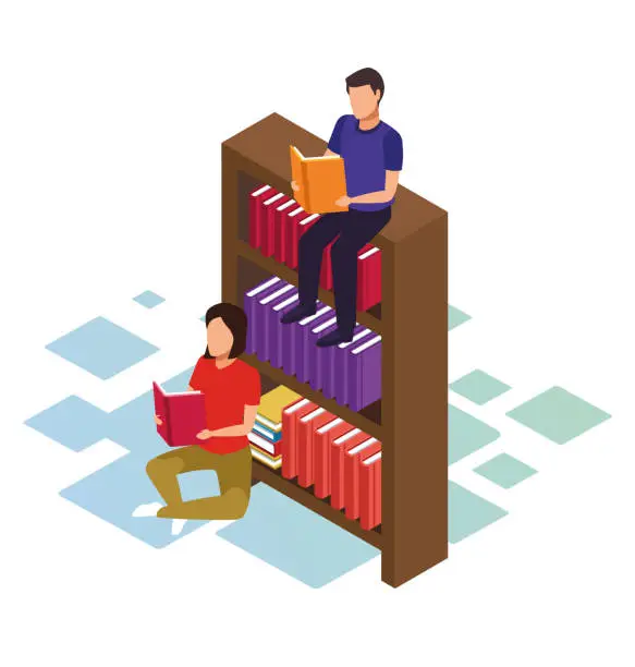 Vector illustration of isometric design of man sitting on bookshelf and woman reding a book