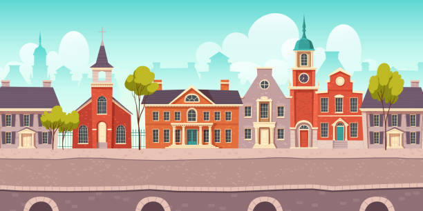 Urban street landscape with small shop, restaurant Urban street landscape 18th century with residential, government and church buildings, retro cartoon vector background. Cityscape with pavement, facades, vintage town poster colonial stock illustrations