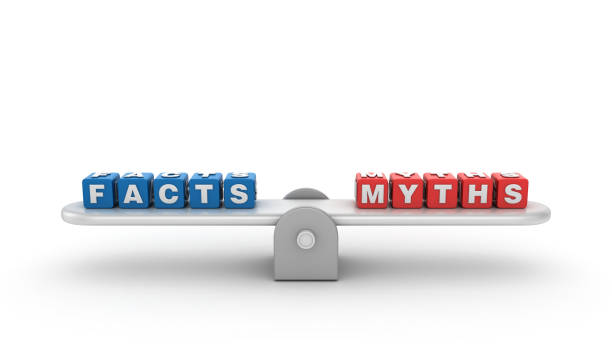 istock Seesaw with FACTS MYTHS Buzzword Cubes - 3D Rendering 1197141075