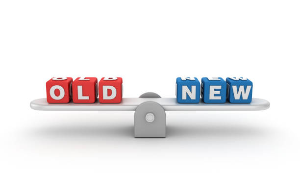 istock Seesaw with OLD NEW Buzzword Cubes - 3D Rendering 1197141099