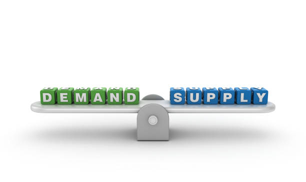 istock Seesaw with DEMAND SUPPLY Buzzword Cubes - 3D Rendering 1197141165