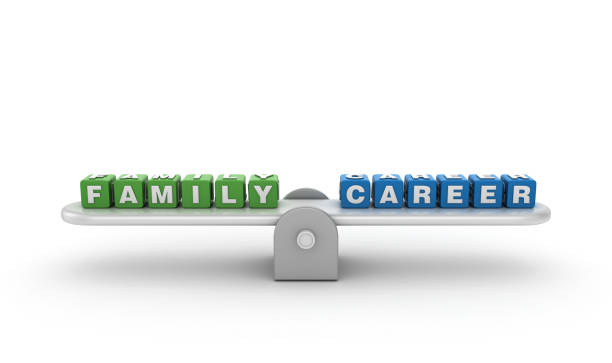 istock Seesaw with FAMILY CAREER Buzzword Cubes - 3D Rendering 1197141173