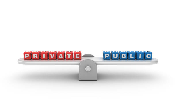 istock Seesaw with PRIVATE PUBLIC Buzzword Cubes - 3D Rendering 1197141203