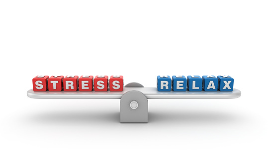 Seesaw with STRESS RELAX Buzzword Cubes - Gradient Background - 3D Rendering