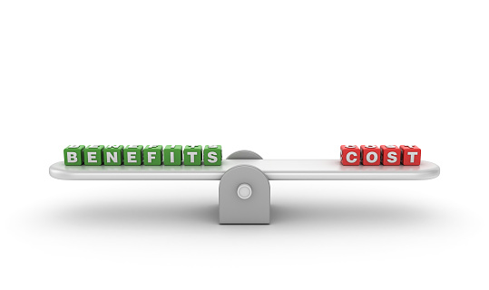 Seesaw with BENEFITS COST Buzzword Cubes - Gradient Background - 3D Rendering