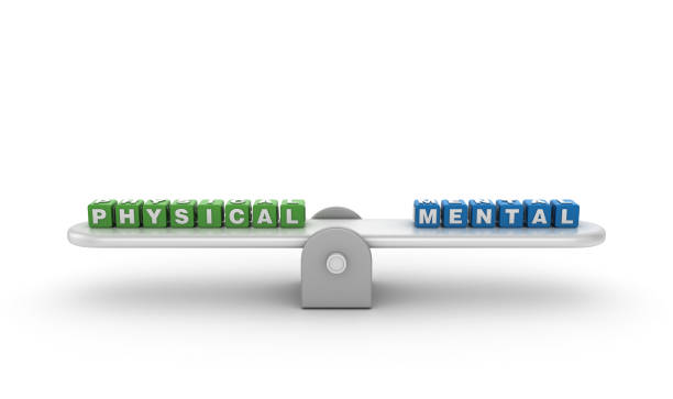 istock Seesaw with PHYSICAL MENTAL Buzzword Cubes - 3D Rendering 1197141402