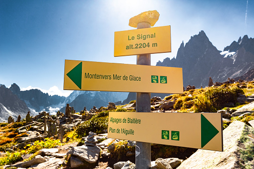 Sign pole post trail directions orienteering, , hiking Chamonix valley mountains, travel France nature, Europe vacation.