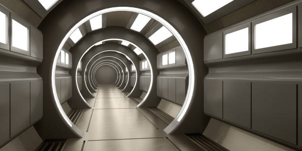 istock 3d render. Futuristic spaceship scifi corridor architecture 1197142565