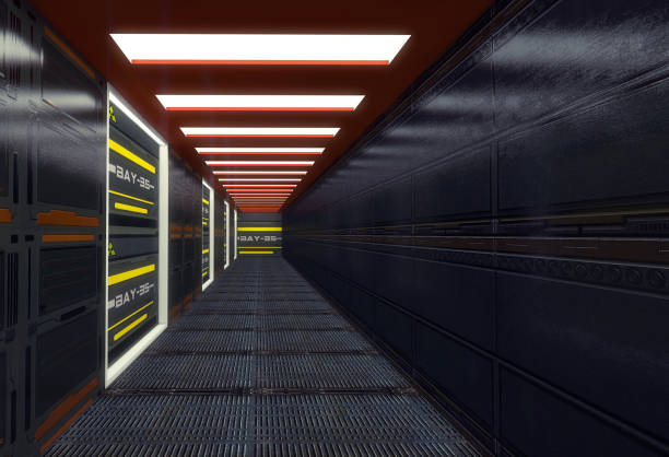 istock 3d render. Futuristic spaceship scifi corridor architecture 1197142682