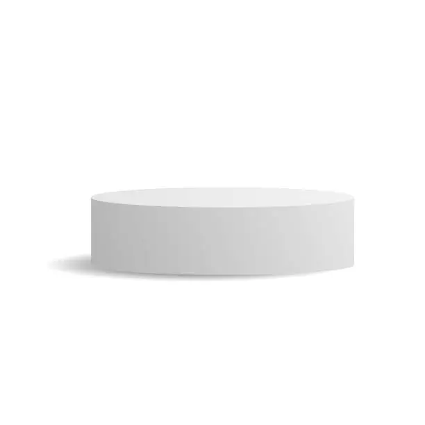 Vector illustration of White ellipse cylinder vector mockup with shadow. 3d minimalist contest pedestal isolated on a background. Podium platform for the item or award winner. Realistic geometric illustration