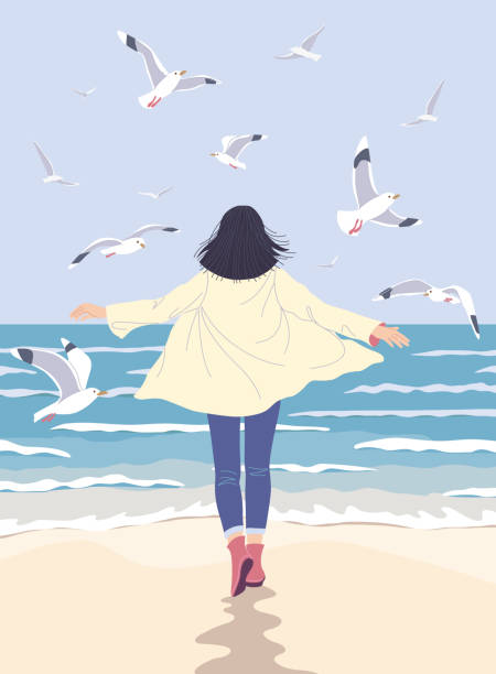 Young Woman Enjoy the Sea Coast Young woman enjoy at the sea coast. Dreamy girl walking along the seaside back view. Serenity landscape with blue water, small waves and flying gulls vector flat illustration. springtime woman stock illustrations