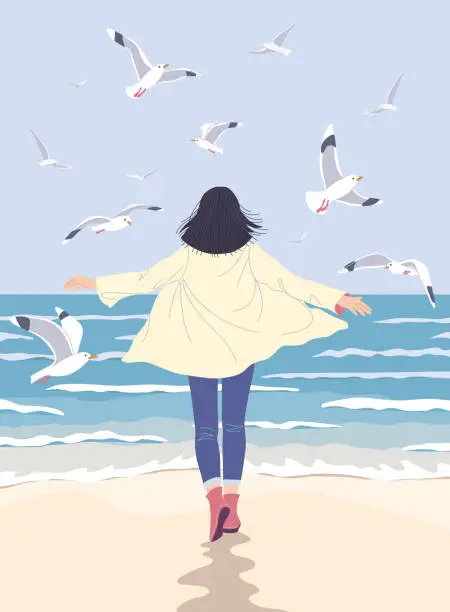 Vector illustration of Young Woman Enjoy the Sea Coast