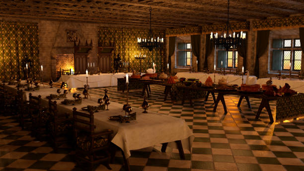 istock 3D illustration medieval banquet hall interior 1197147729
