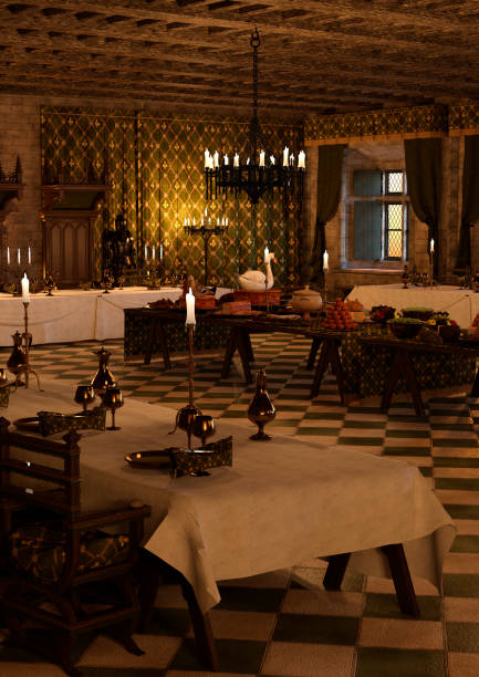 istock 3D illustration medieval banquet hall interior 1197147730