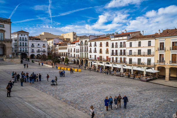 Caceres, Spain - November 09, 2019: Plaza mayor, main square with shops, cafes and restaurants in Caceres, Extremadura Spain