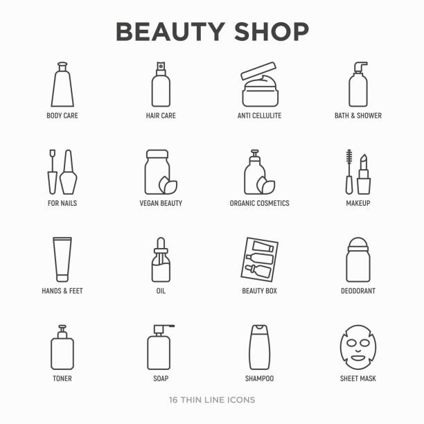 ilustrações de stock, clip art, desenhos animados e ícones de beauty shop thin line icons set: skin care, cream, gel, organic cosmetics, make up, soap dispenser, nail care, beauty box, deodorant, face oil, scrub, shampoo, sheet mask. modern vector illustration. - cosmetics nail polish beauty spa lipstick