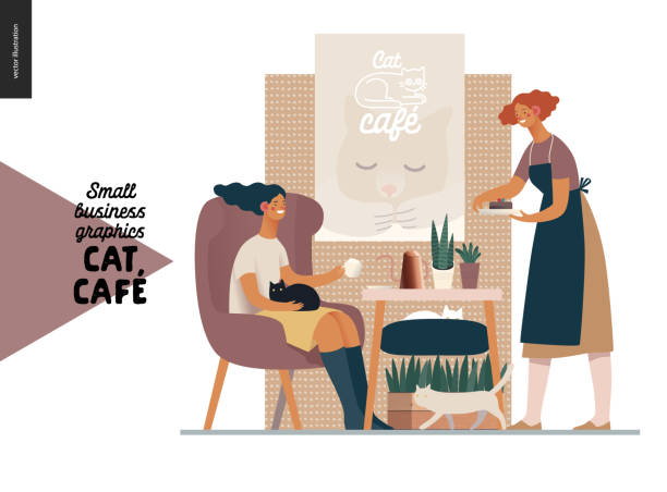 Cat cafe - small business graphics - visitor and waitress Cat cafe -small business graphics -visitor and waitress. Modern flat vector concept illustrations - young woman petting a cat at the table inside the cafe and a waitress bringing a cake. milk tea logo stock illustrations