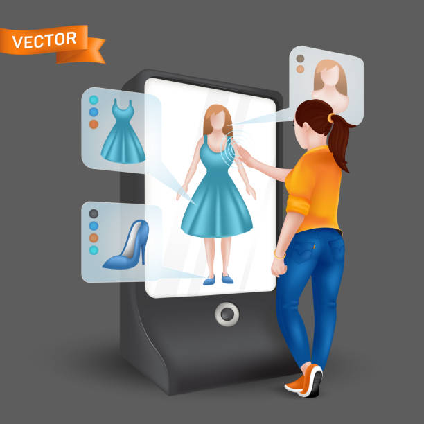 ilustrações, clipart, desenhos animados e ícones de mulher ou menina nova que tenta na roupa no espelho de exposição virtual 3d dianteiro com função de encaixe da simulação. ilustração do vetor da compra em linha através da realidade aumentada na tabuleta com fundo escuro - mirror women getting dressed clothing