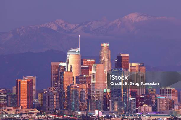 Los Angeles Skyline Night Stock Photo - Download Image Now - City Of Los Angeles, Los Angeles County, Urban Skyline