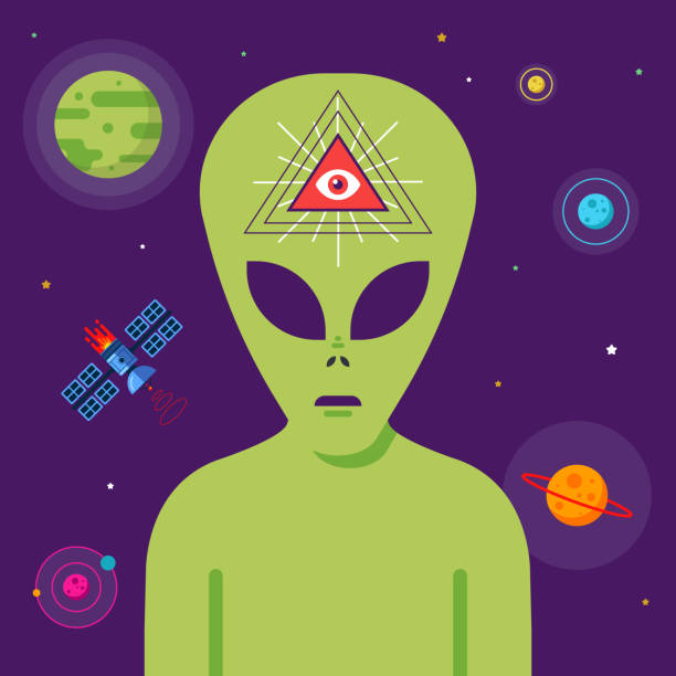 ilustrações de stock, clip art, desenhos animados e ícones de conspiracy of masons and aliens against the background of space. telepathic communication with extraterrestrial intelligence - alien monster green futuristic