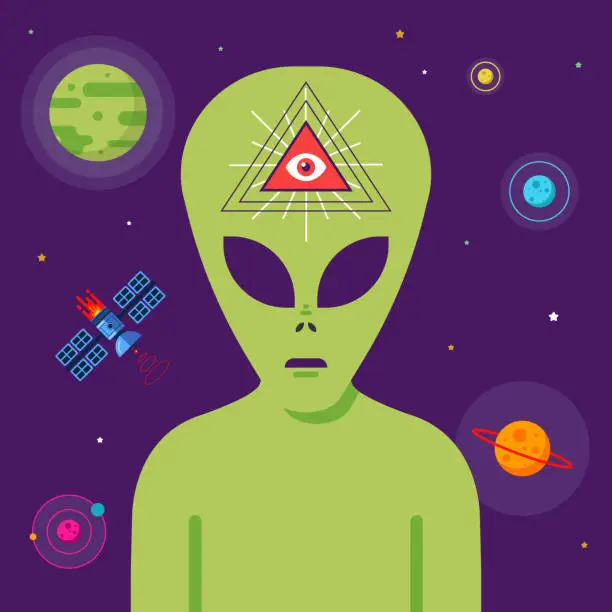 Vector illustration of conspiracy of masons and aliens against the background of space. telepathic communication with extraterrestrial intelligence