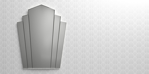 Art Deco style, home interior. Chrome frame mirror on wallpaper background silver and white color, copy space. 3d illustration