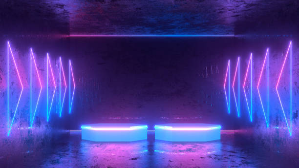 istock 3D Empty Product Stand, Platform in Dark Room with Ultraviolet Neon Laser Glowing Lines 1197156971