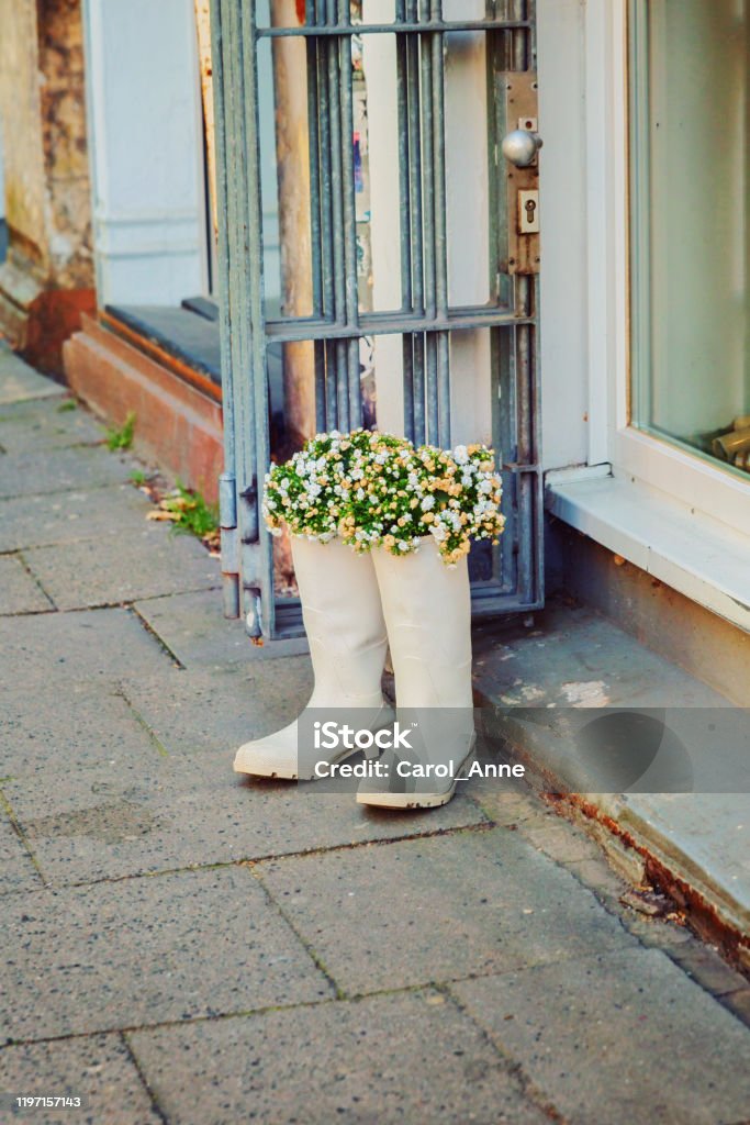 Flowers in old rubber boots, creative upcycling Upcycling Stock Photo