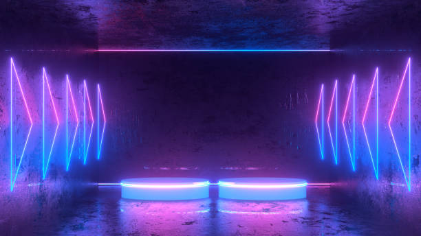 istock 3D Empty Product Stand, Platform in Dark Room with Ultraviolet Neon Laser Glowing Lines 1197157228