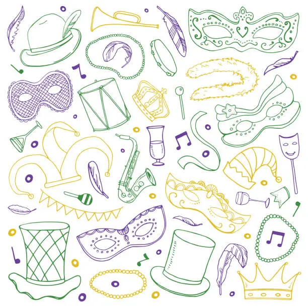 Vector illustration of Mardi Gras traditional objects set. Vector outline sketch illustration. Masks, crowns, decorations