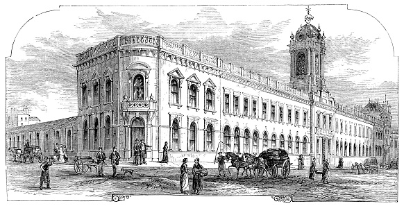 The 4th White Cloth Hall building in Leeds, West Yorkshire, England, Uk. Vintage etching circa 19th century. It was demolished in 1895.