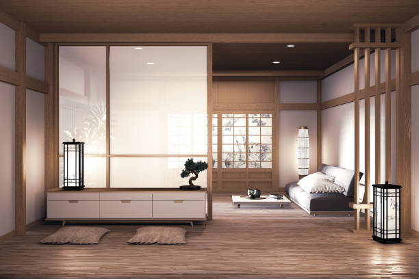 ソファ木製の日本のデザイン、部屋に日本の木製の床と装飾ランプと植物の花瓶.3dレンダリング - 旅館 ストックフォトと画像