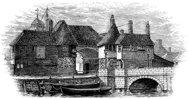 The Barbican Pub in Sandwich, England - 19th Century The Barbican pub in the town of Sandwich in Kent, England, Uk. Vintage etching circa 19th century. sandwich kent stock illustrations