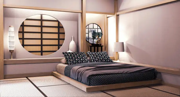 Circle window japanese wall design on bedroom japanese style.3D rendering