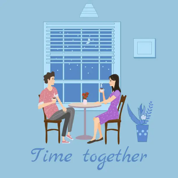 Vector illustration of Cute couple sitting at table, drinking tea or coffee and talking cafe. Young man and woman romantic relationship. Male female characters. Vector illustration flat cartoon