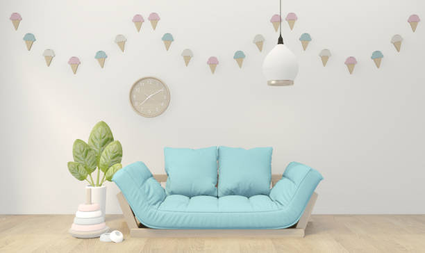 istock poster mock up chidren room interior with blue sky sofa on room design minimal design. 3D rendering 1197162145