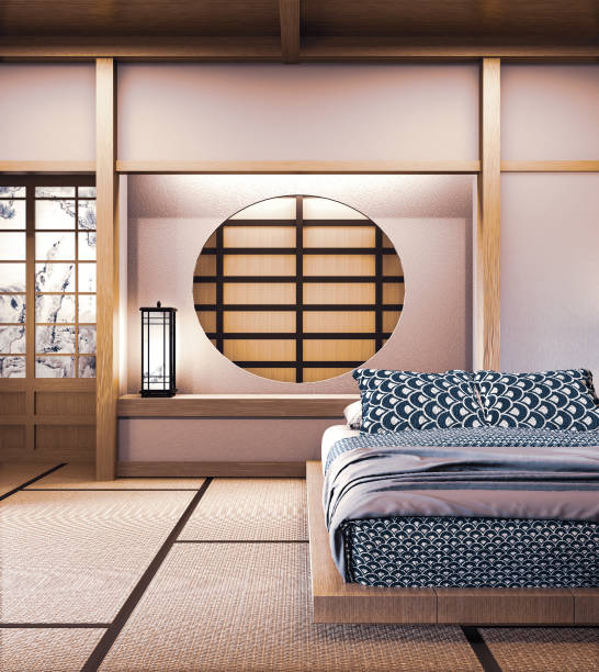 istock Circle window japanese wall design on bedroom japanese style.3D rendering 1197162224