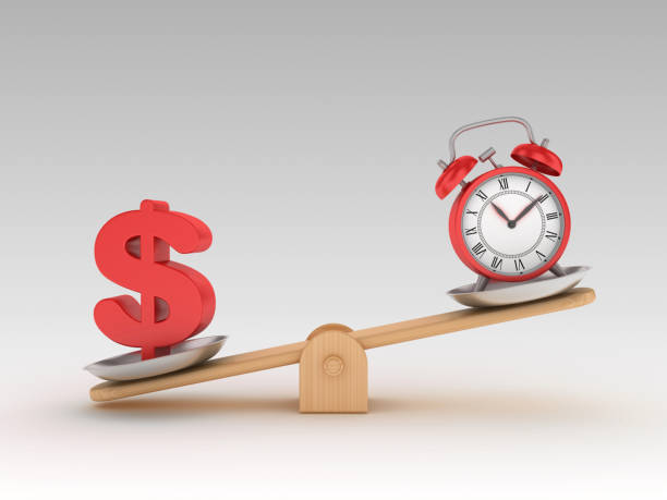 istock Seesaw Scale with Dollar Sign and Clock - 3D Rendering 1197162306