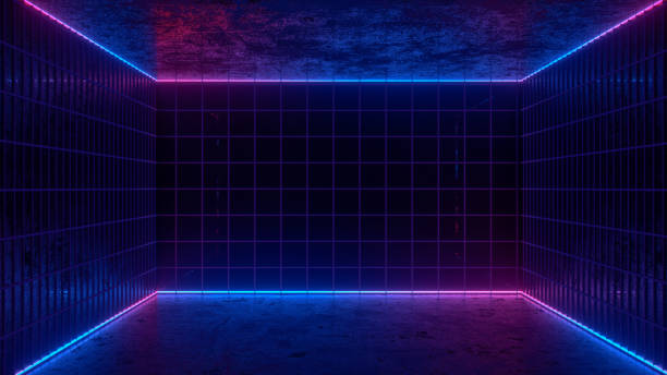 istock 3D Empty Dark Room with Ultraviolet Neon Laser Glowing Lines 1197162325