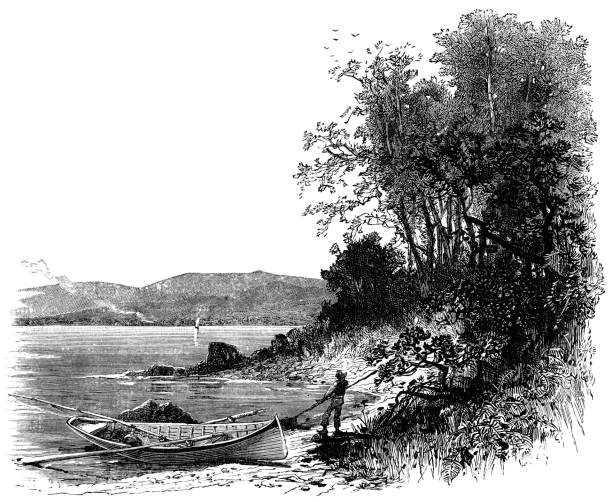 Boat Moored on the Firth of Forth in Fife, Scotland - 19th Century Boat moored on the riverbank of the firth of the River Forth in Fife, Scotland, Uk. Vintage etching circa 19th century. fife county stock illustrations