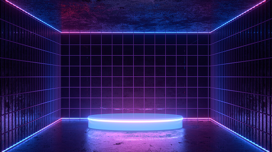 Ultraviolet Neon Laser Glowing Lines, Light Tunnel, Abstract 3D Background. 3D Rendering, Copy space for advertisement. Empty Product Stand, Platform in Dark Room for the Product placement.