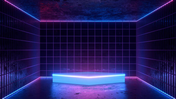 istock 3D Empty Product Stand, Platform in Dark Room with Ultraviolet Neon Laser Glowing Lines 1197162590
