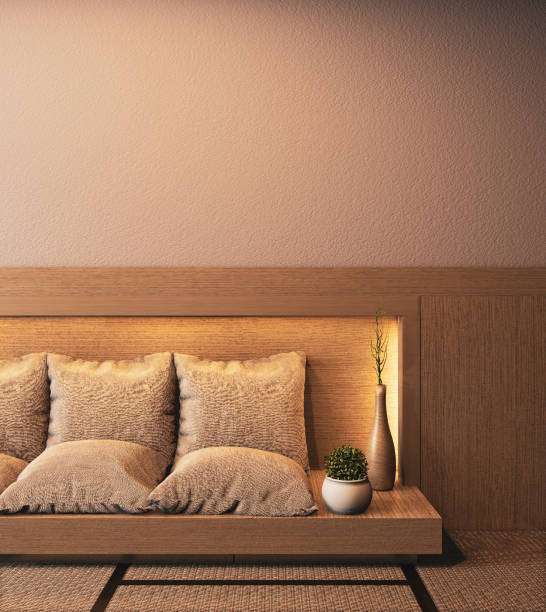 istock Ryokan room interior with sofa wooden on hiden light wall design.3D rendering 1197163521