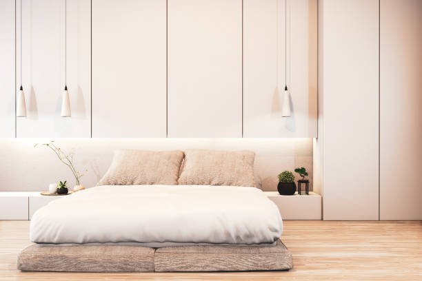 istock Bedroom interior design with wall deisgn hiden light on floor wooden.3D rendering 1197163720