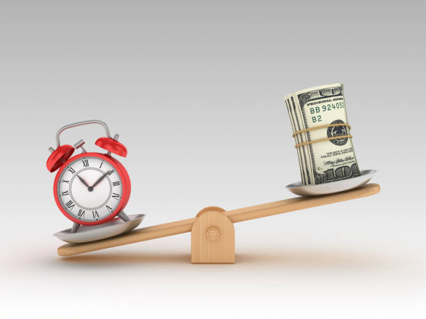 istock Seesaw Scale with Dollar Money Roll and Alarm Clock - 3D Rendering 1197163834