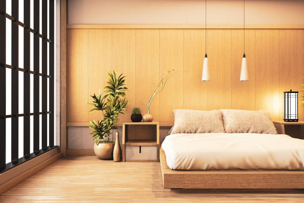 intérieur luxe moderne chambre à coucher de style japonais maquette, concevoir le plus beau. rendu 3d - hotel room hotel luxury mattress photos et images de collection