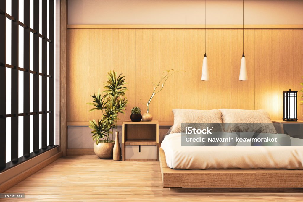 Interior Luxury modern Japanese style bedroom mock up, Designing the most beautiful. 3D rendering Hotel Stock Photo