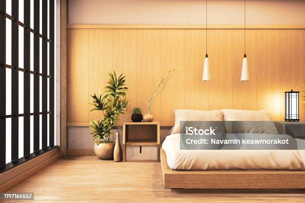 Interior Luxury Modern Japanese Style Bedroom Mock Up Designing The Most Beautiful 3d Rendering Stock Photo - Download Image Now