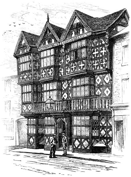 The Feathers Hotel in Ludlow, England - 19th Century The Feathers Hotel in the town of Ludlow in Shropshire, England, Uk. Vintage etching circa 19th century. ludlow shropshire stock illustrations